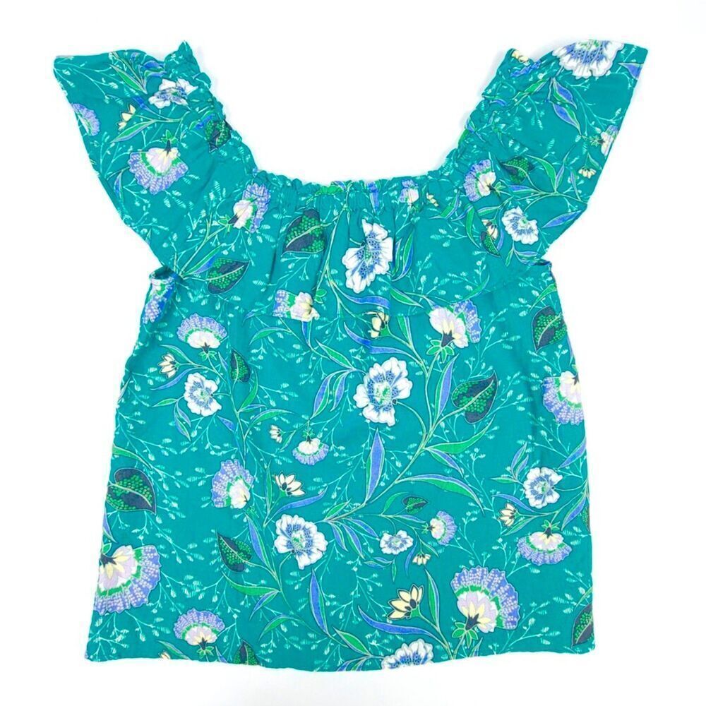 NWT Loft Linen Floral Flutter Square Neck Cottagecore Top Boho Floral Teal XS